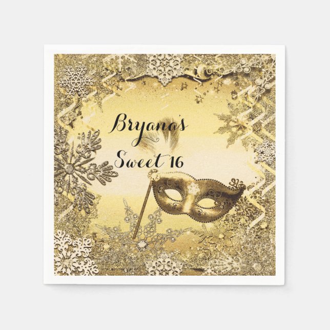Golden Masquerade Mask & Winter Snowflakes Elegant Napkin (Front)