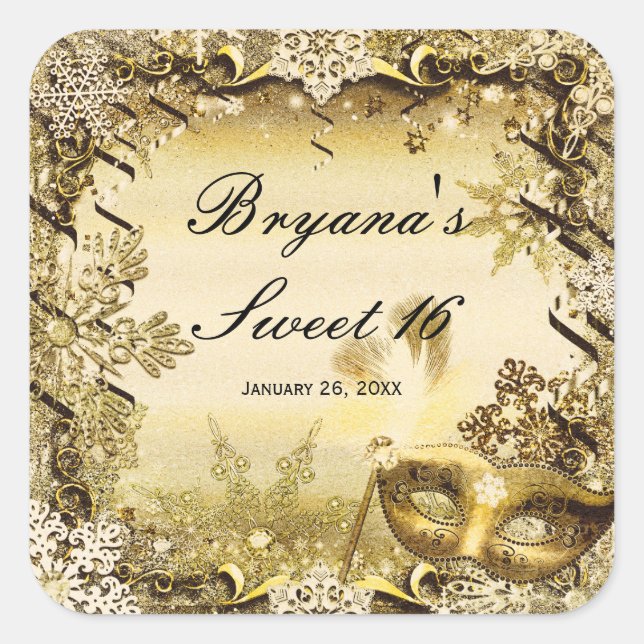 Golden Masquerade Mask & Winter Snowflakes Elegant Square Sticker (Front)