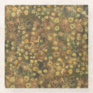 Golden Meadow, abstract floral pattern olive green Glass Coaster