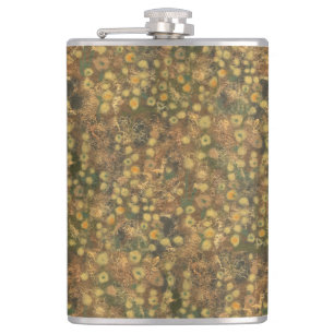 Golden Meadow, abstract floral pattern olive green Hip Flask