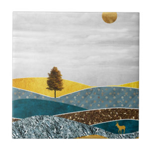 Golden Meadow with Tree and Deer Ceramic Tile
