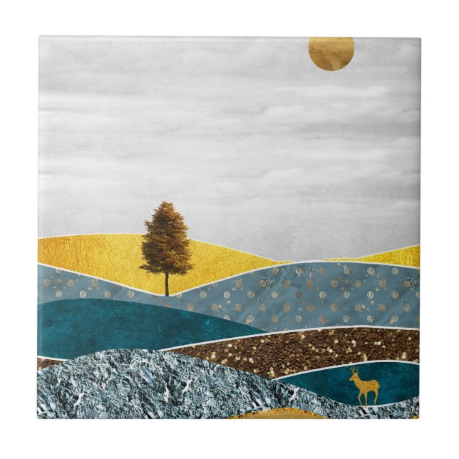 Golden Meadow with Tree and Deer Ceramic Tile (Front)
