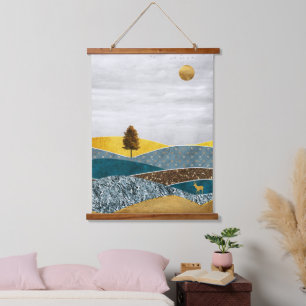 Golden Meadow with Tree and Deer Hanging Tapestry