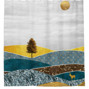 Golden Meadow with Tree and Deer Shower Curtain