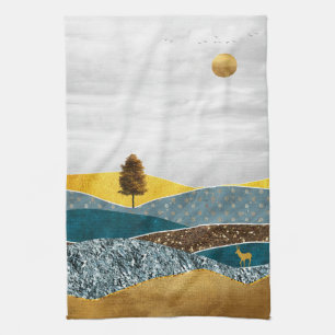 Golden Meadow with Tree and Deer Tea Towel