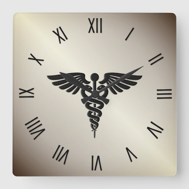 Golden Medical Caduceus w Black numbers Square Wall Clock (Front)
