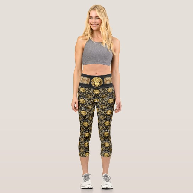 Golden Medusa Classical Meander Key Capri Leggings (Front)