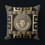 Golden Medusa Greek Key of Life  Cushion<br><div class="desc">The Most Important Symbol of Ancient Greece was the Meander Key of Life.
This design highlights this classic design in gold on black in a transitional styling with the 
Head of Medusa the Gorgon from the statue of Perseus.-
Makes a Great Gift!</div>