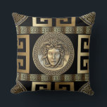 Golden Medusa Greek Key of Life  Cushion<br><div class="desc">The Most Important Symbol of Ancient Greece was the Meander Key of Life.
This design highlights this classic design in gold on black in a transitional styling with the 
Head of Medusa the Gorgon from the statue of Perseus.-
Makes a Great Gift!</div>