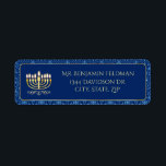 Golden Menorah Decorative Return Address Label<br><div class="desc">This return address label features a golden menorah on a dark blue centre and the background is a light and dark blue decorative design. The text on this label can be customised and used as either a return address label or can be used as a gift tag!</div>