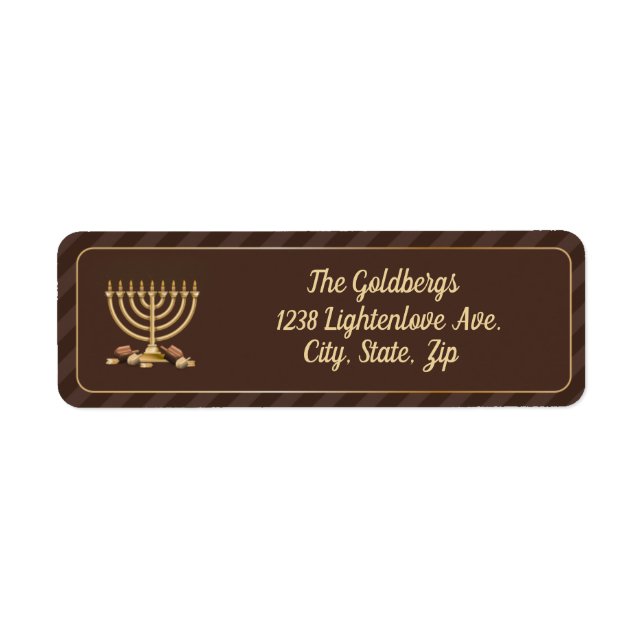 Golden Menorah & Diagonal Stripes Return Address Label (Front)