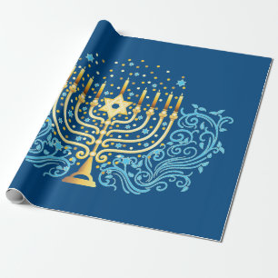 Golden menorah Hanukkah greeting festival of light Wrapping Paper