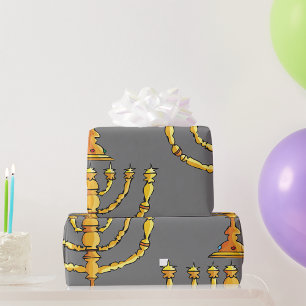 Golden Menorah Jewish Candle Holder Wrapping Paper