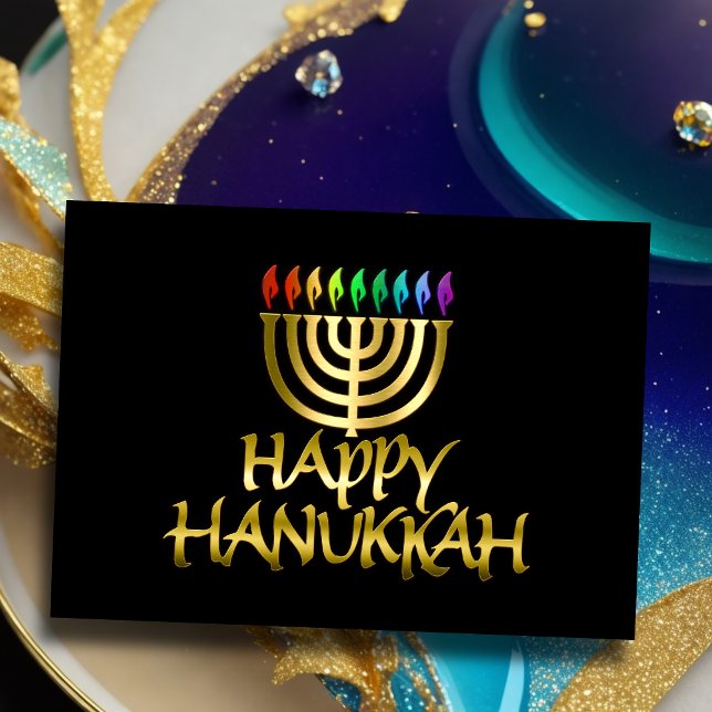 Golden Menorah Rainbow Flames Happy Hanukkah Card (Creator Uploaded)