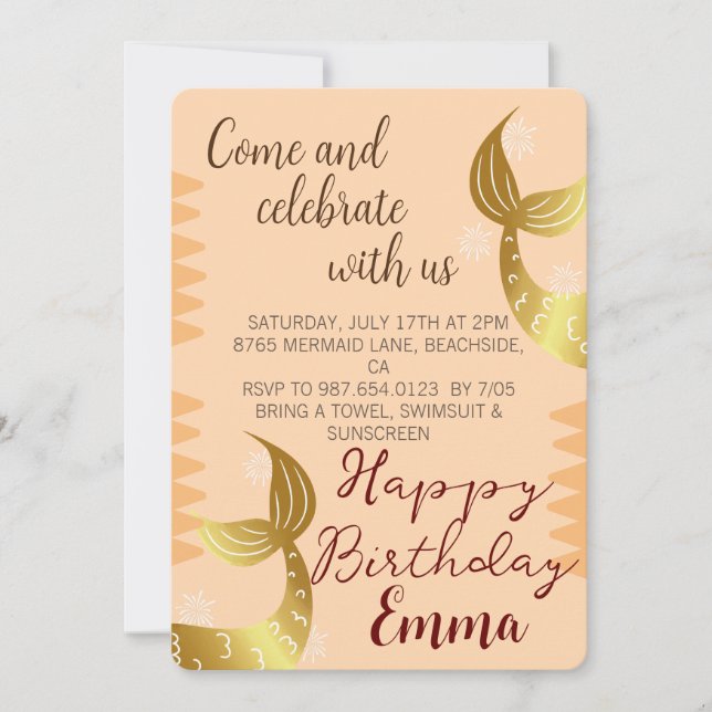 Golden Mermaid, Celebrate With Us, Under The Sea Invitation (Front)