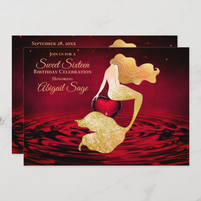 Golden Mermaid with Red Heart Sweet 16 Birthday Invitation (Front/Back)