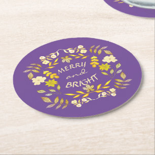 GOLDEN MERRY AND BRIGHT personalised Round Paper Coaster