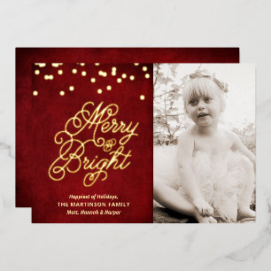 Golden Merry & Bright on Red Photo  Foil Holiday Card