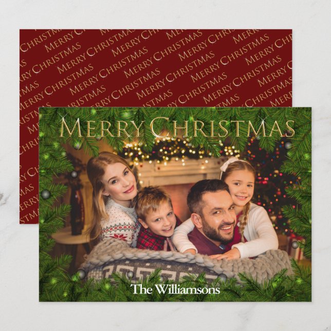 Golden Merry Christmas Among Pine Photo Holiday Card (Front/Back)