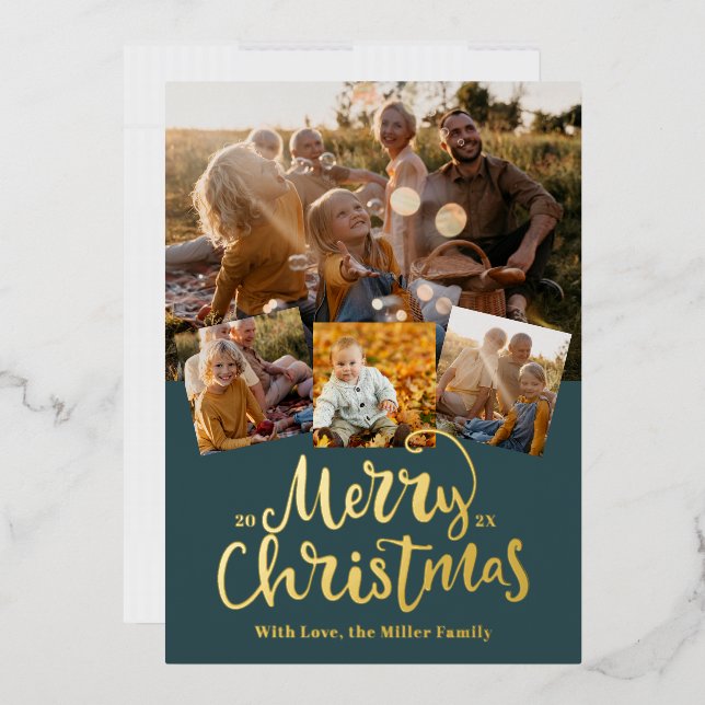 Golden Merry Christmas Elegant Photo collage Foil Holiday Card (Envelope)