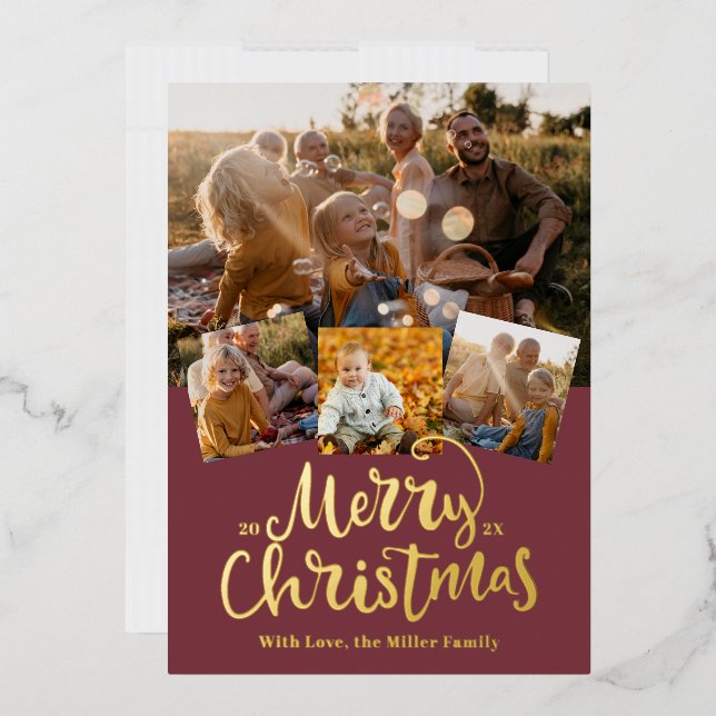 Golden Merry Christmas Elegant Photo collage Foil  Holiday Card (Envelope)