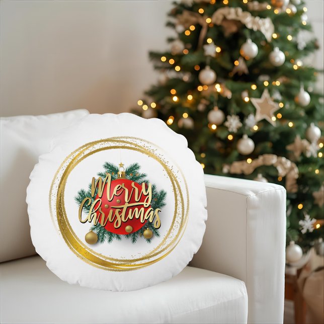 Golden Merry Christmas Personalized Round Pillow (Creator Uploaded)