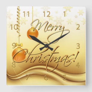 Golden Merry Christmas Square Wall Clock