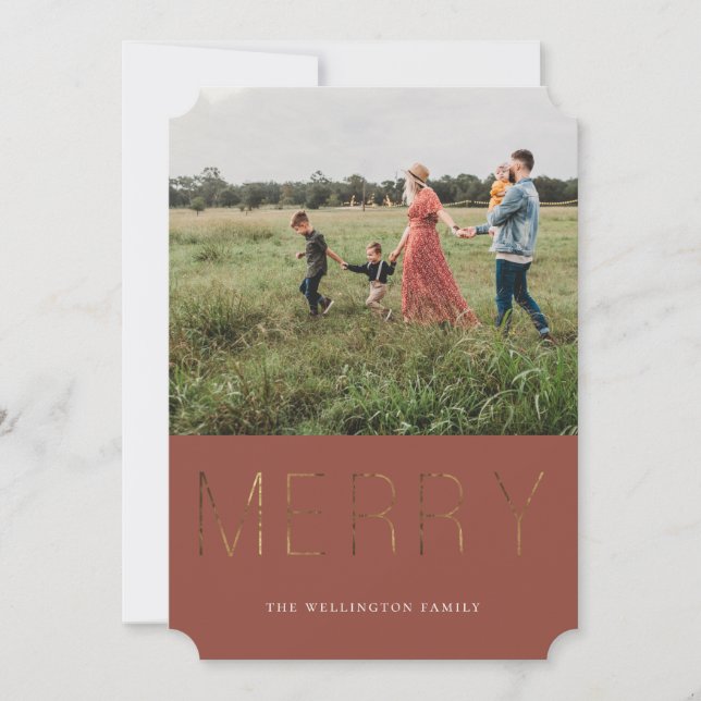 Golden MERRY Modern Photo Holiday Card | Red (Front)