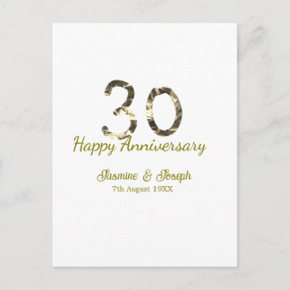Golden Metallic 30th Happy anniversary add name Postcard