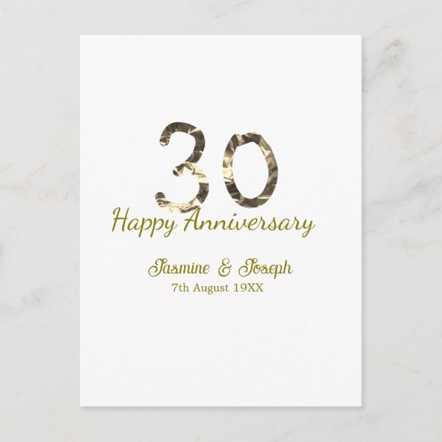 Golden Metallic 30th Happy anniversary add name Postcard (Front)