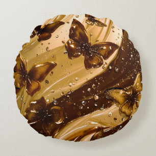 Golden Metallic Butterfly Glam Abstract Round Cushion