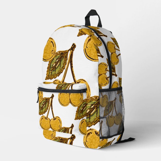 Golden Metallic Cherries Pattern Printed Backpack (Back Corner Right)