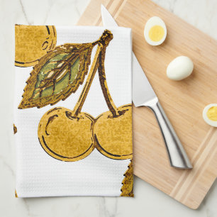 Golden Metallic Cherries Pattern Tea Towel