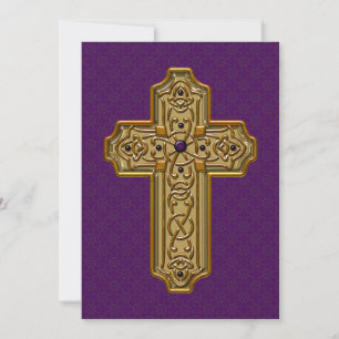 Golden Metallic Cross Purple Decorative Background Holiday Card