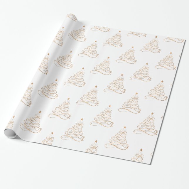 Golden Metallic Filigree Christmas Tree Pattern Wrapping Paper (Unrolled)