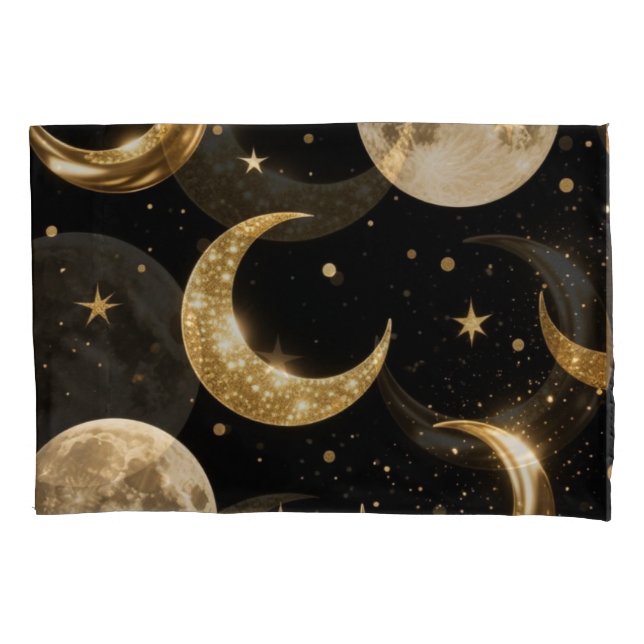Golden Metallic Moons Pattern,Luxe Celestial  Pillowcase (Front)