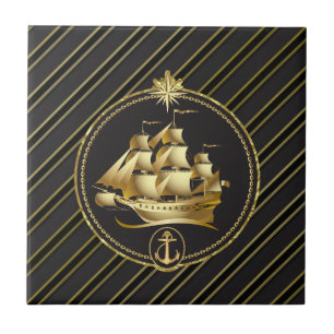Golden Metallic Sailing Ship & Anchor Gold Stripes Ceramic Tile