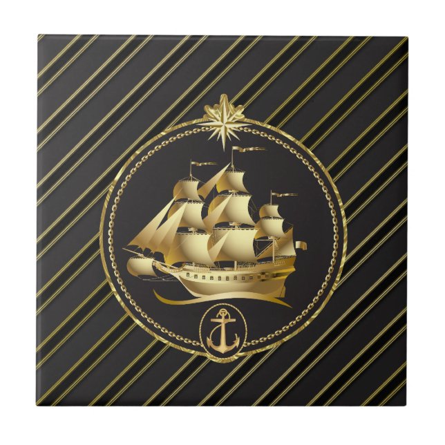 Golden Metallic Sailing Ship & Anchor Gold Stripes Ceramic Tile (Front)