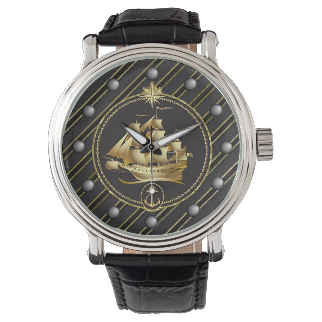 Golden Metallic Sailing Ship & Anchor Gold Stripes Watch (Front)