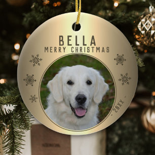 Golden Metallic Snowflake Dog Pet Photo Ceramic Ornament