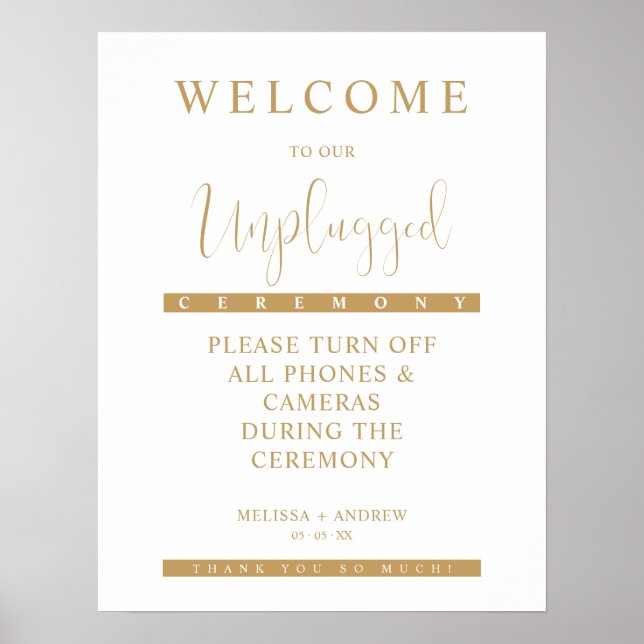 Golden Minimalist Unplugged Wedding Sign (Front)
