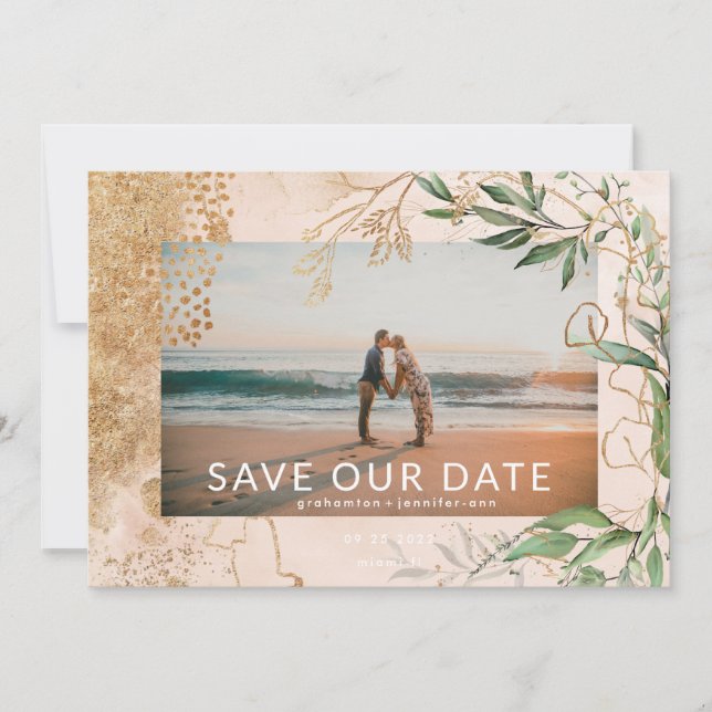 Golden Modern Eucalyptus Greenery Abstract Photo Save The Date (Front)