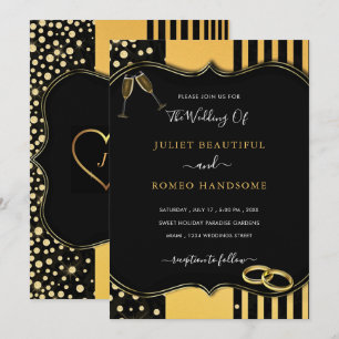 Golden Modern Frame Black Gold Wedding Invitation