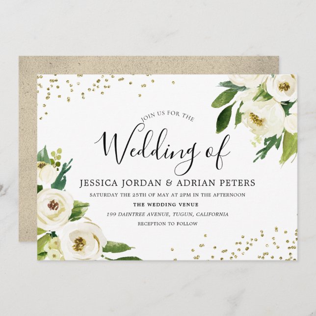 Golden Modern White Floral Wedding Invite (Front/Back)