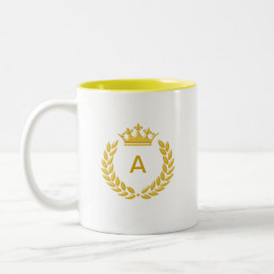Golden Monogram & Crown with Laurel Leaves Two-Tone Coffee Mug