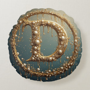 Golden Monogram Initial Letter D Round Cushion