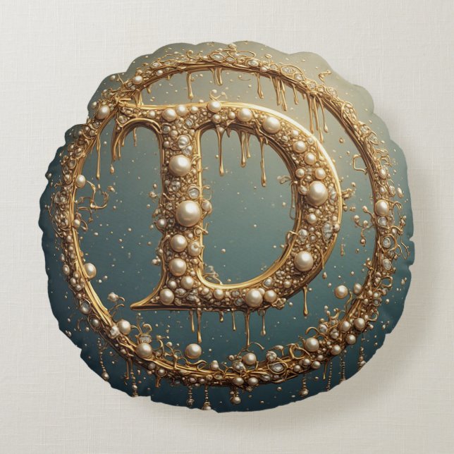 Golden Monogram Initial Letter D Round Cushion (Front)