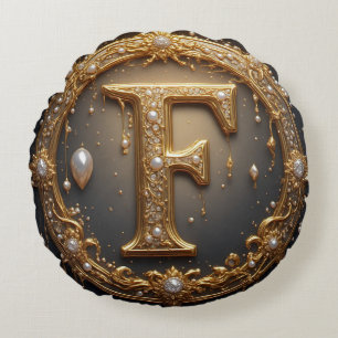 Golden Monogram Initial Letter F Round Cushion