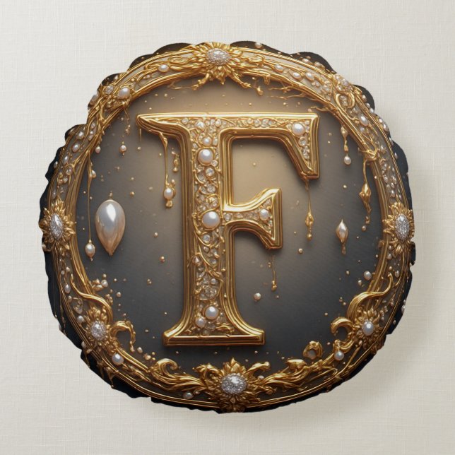 Golden Monogram Initial Letter F Round Cushion (Front)