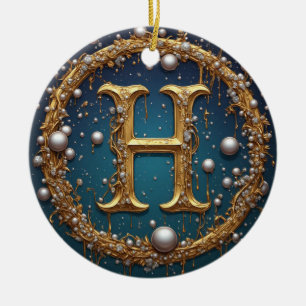Golden Monogram Initial Letter H Ceramic Ornament